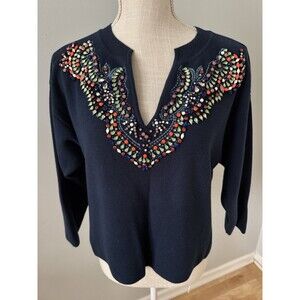 ANTHROPOLOGIE by‎ MOTH Size XS Jewel Neck Pullover Blue V-Neck